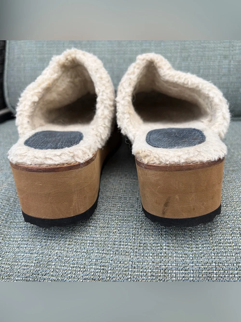 Seychelles Platform Mules Clogs Denim Plush Shearling Size 6 Wedge Cozy